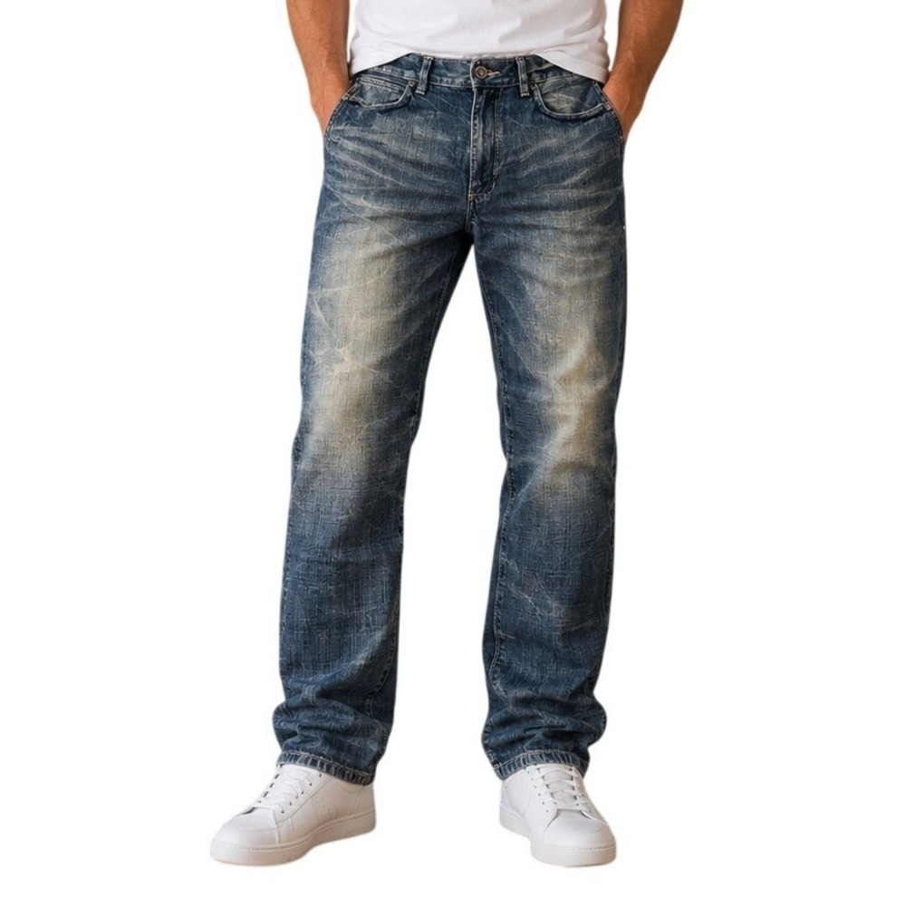 Sean John Mens Relaxed Straight Leg Y2K Jeans Blue Heavy Wash Whiskered Denim 34